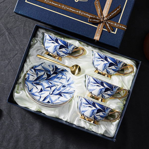 Unique British Tea Cup and Saucer in Gift Box, Blue Bone China Porcelain Tea Cup Set, Elegant British Ceramic Coffee Cups-Grace Painting Crafts