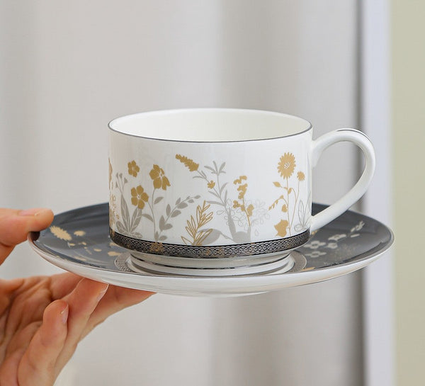 Elegant Flower Ceramic Cups, Beautiful Flower British Tea Cups, Creative Bone China Porcelain Tea Cup Set, Unique Royal Coffee Cup and Saucer-Grace Painting Crafts