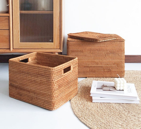 Rectangular Storage Basket with Lid, Rattan Basket, Storage Basket for Shelves, Storage Baskets for Bathroom, Bedroom Storage Baskets-Grace Painting Crafts