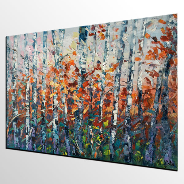 Canvas Art, Birch Tree Wall Art, Abstract Painting, Living Room Wall Art, Original Artwork, Custom Canvas Painting-Grace Painting Crafts