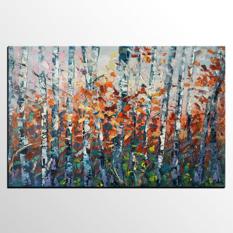 Canvas Art, Birch Tree Wall Art, Abstract Painting, Living Room Wall Art, Original Artwork, Custom Canvas Painting-Grace Painting Crafts