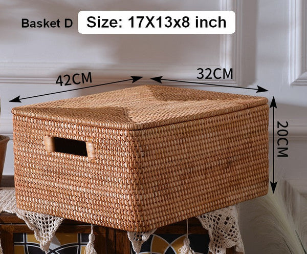 Extra Large Storage Baskets for Clothes, Oversized Rectangular Storage Basket with Lid, Wicker Rattan Storage Basket for Shelves, Storage Baskets for Bedroom-Grace Painting Crafts