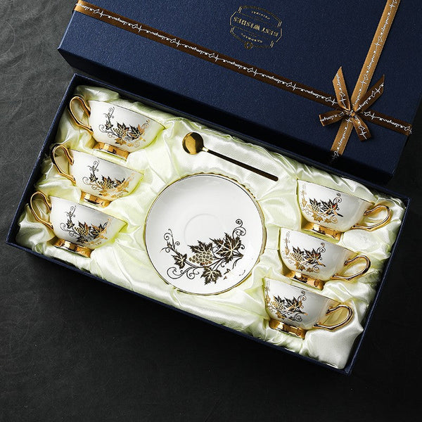 Golden Leaves and Grapes Bone China Porcelain Tea Cup Set, Unique British Tea Cup and Saucer in Gift Box, Elegant British Ceramic Coffee Cups-Grace Painting Crafts