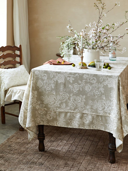 French Flower Pattern Tablecloth for Round Table, Vintage Rectangle Tablecloth for Dining Room Table, Rustic Farmhouse Table Cover for Kitchen-Grace Painting Crafts