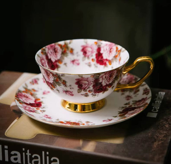 Unique Royal Coffee Cup and Saucer, Elegant Flower Ceramic Cups, Creative Bone China Porcelain Tea Cup Set, Beautiful British Tea Cups-Grace Painting Crafts