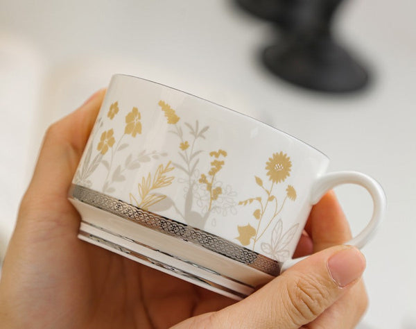 Elegant Flower Ceramic Cups, Beautiful Flower British Tea Cups, Creative Bone China Porcelain Tea Cup Set, Unique Royal Coffee Cup and Saucer-Grace Painting Crafts