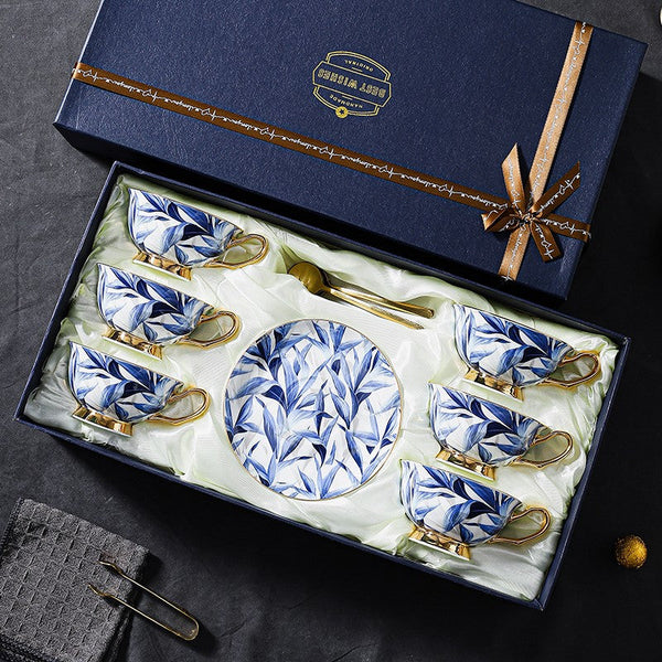 Unique British Tea Cup and Saucer in Gift Box, Blue Bone China Porcelain Tea Cup Set, Elegant British Ceramic Coffee Cups-Grace Painting Crafts