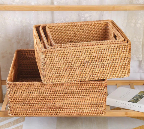 Woven Rattan Storage Baskets for Bedroom, Storage Basket for Shelves, Large Rectangular Storage Baskets for Clothes, Storage Baskets for Kitchen-Grace Painting Crafts