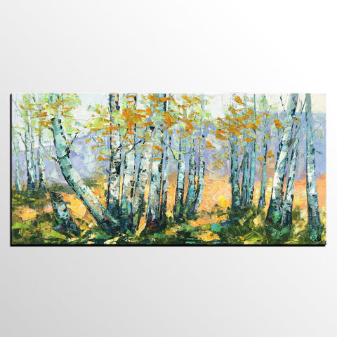 Custom Dining Room Wall Art, Landscape Painting, Birch Tree Painting, Impasto Canvas Art-Grace Painting Crafts