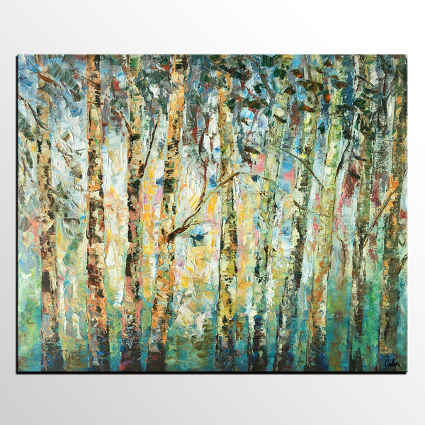 Abstract Landscape Painting, Birch Tree Painting, Bedroom Wall Art Paintings, Simple Modern Art, Custom Landscape Painting for Bedroom-Grace Painting Crafts