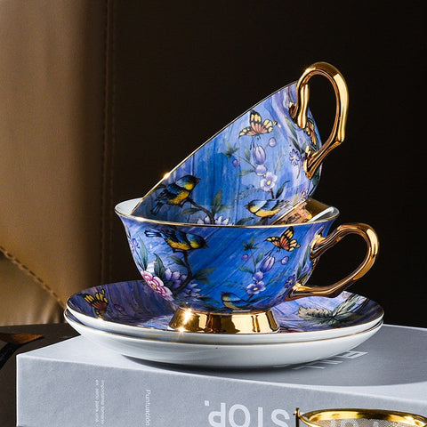 Blue Bird and Butterfly Bone China Porcelain Tea Cup Set, Unique British Tea Cup and Saucer in Gift Box, Elegant British Ceramic Coffee Cups-Grace Painting Crafts