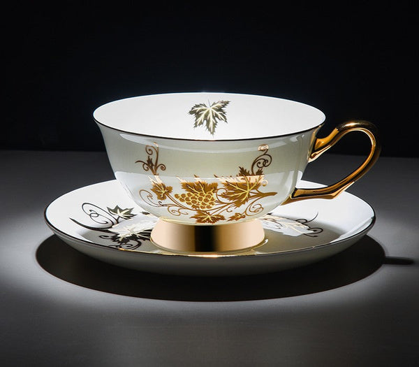 Golden Leaves and Grapes Bone China Porcelain Tea Cup Set, Unique British Tea Cup and Saucer in Gift Box, Elegant British Ceramic Coffee Cups-Grace Painting Crafts