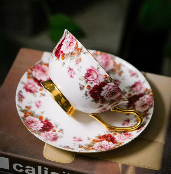 Unique Royal Coffee Cup and Saucer, Elegant Flower Ceramic Cups, Creative Bone China Porcelain Tea Cup Set, Beautiful British Tea Cups-Grace Painting Crafts