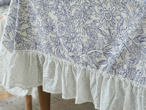 Cotton Rectangle Tablecloth for Dining Room Table, Natural Spring Farmhouse Table Cloth, Blue Flower Pattern Cotton Tablecloth, Square Tablecloth for Round Table-Grace Painting Crafts