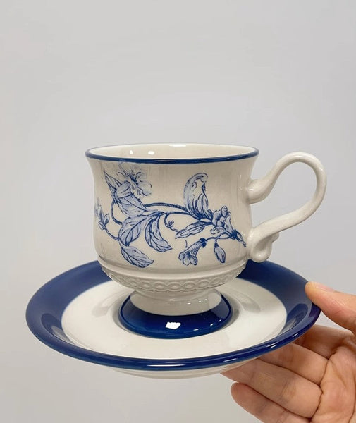 Creative Blue Coffee Cup and Saucer, Elegant Ceramic Cups for Afternoon Tea, Creative Porcelain Tea Cup Set, Beautiful British Tea Cups-Grace Painting Crafts