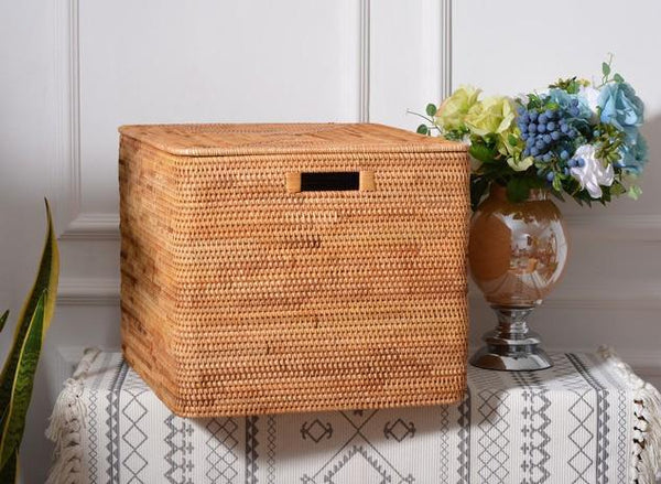 Extra Large Storage Baskets for Clothes, Oversized Rectangular Storage Basket with Lid, Wicker Rattan Storage Basket for Shelves, Storage Baskets for Bedroom-Grace Painting Crafts