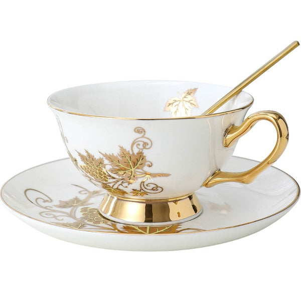 Golden Leaves and Grapes Bone China Porcelain Tea Cup Set, Unique British Tea Cup and Saucer in Gift Box, Elegant British Ceramic Coffee Cups-Grace Painting Crafts