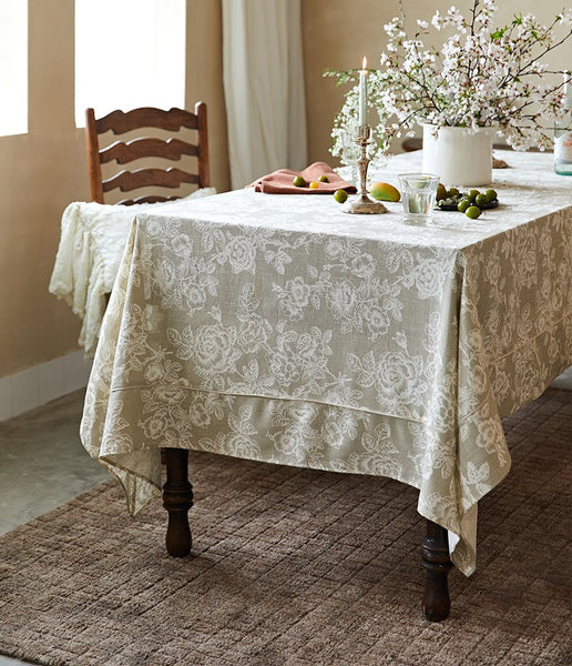 French Flower Pattern Tablecloth for Round Table, Vintage Rectangle Tablecloth for Dining Room Table, Rustic Farmhouse Table Cover for Kitchen-Grace Painting Crafts