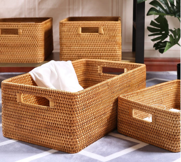 Woven Rattan Storage Baskets for Bedroom, Storage Basket for Shelves, Large Rectangular Storage Baskets for Clothes, Storage Baskets for Kitchen-Grace Painting Crafts