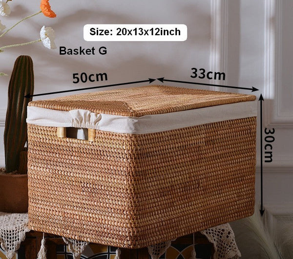 Extra Large Storage Baskets for Clothes, Oversized Rectangular Storage Basket with Lid, Wicker Rattan Storage Basket for Shelves, Storage Baskets for Bedroom-Grace Painting Crafts