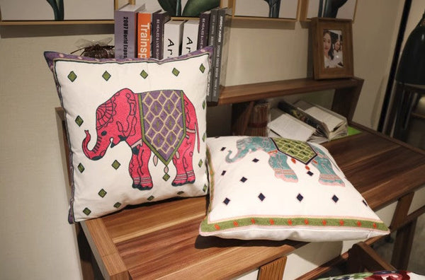 Elephant Embroider Cotton Pillow Covers, Farmhouse Decorative Sofa Pillows, Cotton Decorative Pillows, Decorative Throw Pillows for Couch-Grace Painting Crafts