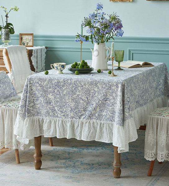 Cotton Rectangle Tablecloth for Dining Room Table, Natural Spring Farmhouse Table Cloth, Blue Flower Pattern Cotton Tablecloth, Square Tablecloth for Round Table-Grace Painting Crafts