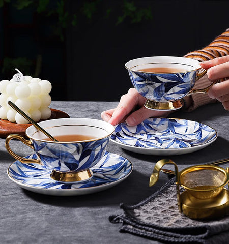 Unique British Tea Cup and Saucer in Gift Box, Blue Bone China Porcelain Tea Cup Set, Elegant British Ceramic Coffee Cups-Grace Painting Crafts