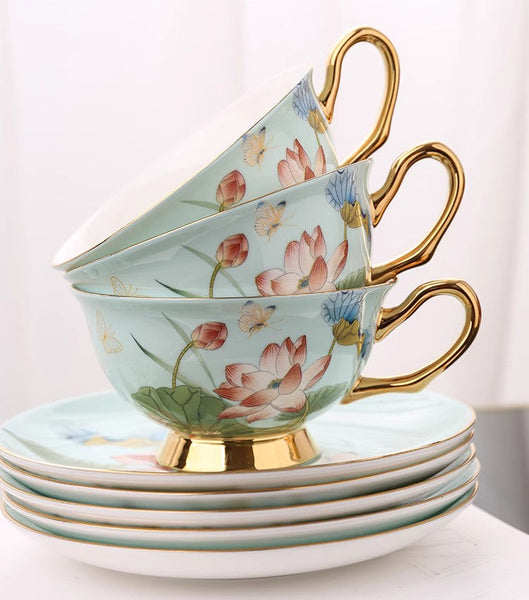 Unique British Tea Cup and Saucer in Gift Box, Lotus Flower Bone China Porcelain Tea Cup Set, Elegant British Ceramic Coffee Cups-Grace Painting Crafts