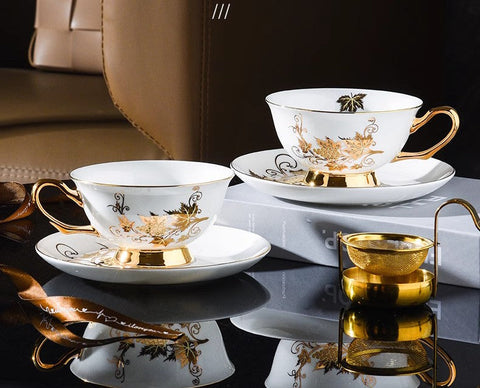 Elegant British Ceramic Coffee Cups, Golden Leaves and Grapes Bone China Porcelain Tea Cup Set, Unique British Tea Cup and Saucer in Gift Box-Grace Painting Crafts