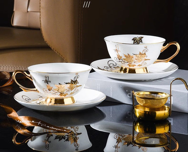 Golden Leaves and Grapes Bone China Porcelain Tea Cup Set, Unique British Tea Cup and Saucer in Gift Box, Elegant British Ceramic Coffee Cups-Grace Painting Crafts