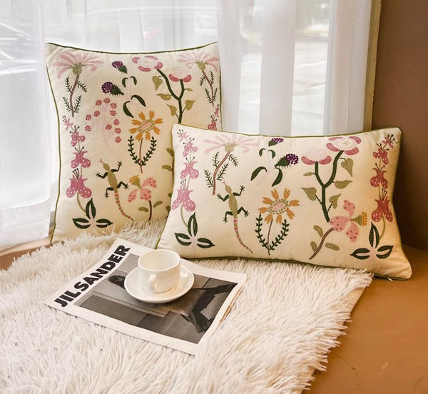 Embroider Flower Cotton Pillow Covers, Spring Flower Decorative Throw Pillows, Farmhouse Sofa Decorative Pillows, Flower Decorative Throw Pillows for Couch-Grace Painting Crafts