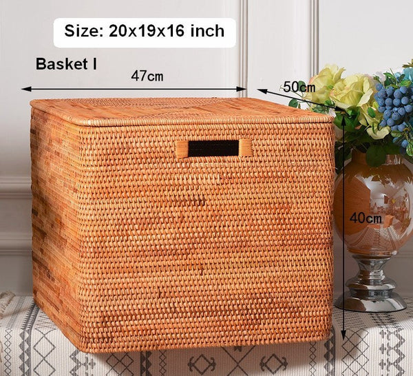 Extra Large Storage Baskets for Clothes, Oversized Rectangular Storage Basket with Lid, Wicker Rattan Storage Basket for Shelves, Storage Baskets for Bedroom-Grace Painting Crafts