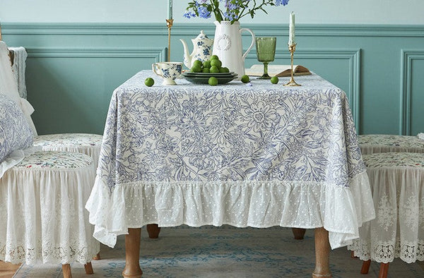 Cotton Rectangle Tablecloth for Dining Room Table, Natural Spring Farmhouse Table Cloth, Blue Flower Pattern Cotton Tablecloth, Square Tablecloth for Round Table-Grace Painting Crafts