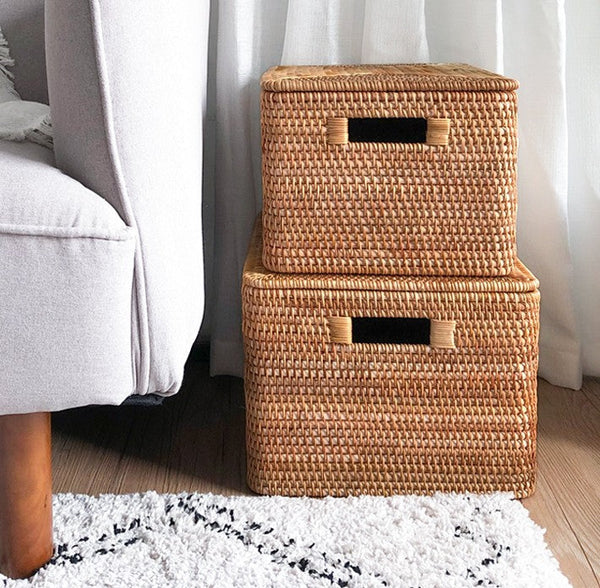 Extra Large Storage Baskets for Shelves, Wicker Rectangular Storage Baskets for Living Room, Rattan Storage Basket with Lid, Storage Baskets for Clothes-Grace Painting Crafts