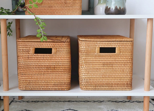 Extra Large Storage Baskets for Clothes, Oversized Rectangular Storage Basket with Lid, Wicker Rattan Storage Basket for Shelves, Storage Baskets for Bedroom-Grace Painting Crafts