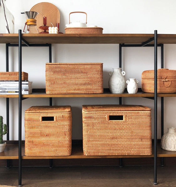 Laundry Storage Baskets for Bathroom, Rectangular Storage Baskets for Clothes, Wicker Storage Baskets for Shelves, Rattan Storage Baskets for Kitchen, Storage Basket with Lid-Grace Painting Crafts