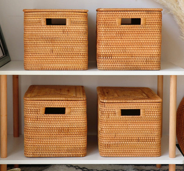 Laundry Storage Baskets for Bathroom, Rectangular Storage Baskets for Clothes, Wicker Storage Baskets for Shelves, Rattan Storage Baskets for Kitchen, Storage Basket with Lid-Grace Painting Crafts