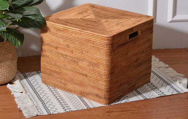 Rectangular Storage Basket with Lid, Rattan Basket, Storage Basket for Shelves, Storage Baskets for Bathroom, Bedroom Storage Baskets-Grace Painting Crafts