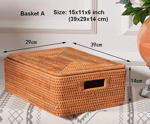 Rectangular Storage Basket with Lid, Rattan Basket, Storage Basket for Shelves, Storage Baskets for Bathroom, Bedroom Storage Baskets-Grace Painting Crafts