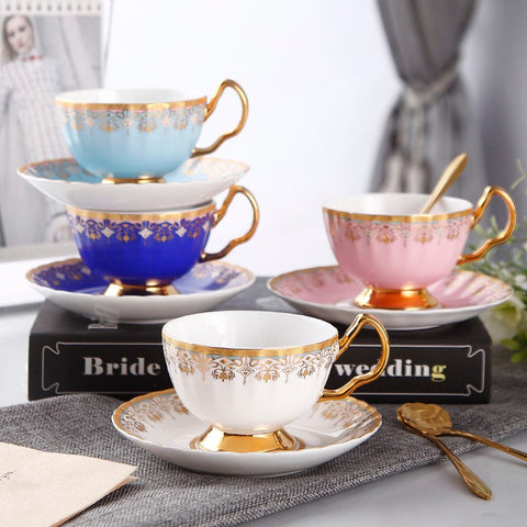 Pink Blue White Bone China Porcelain Tea Cup Set, Unique British Tea Cup and Saucer in Gift Box, Elegant British Ceramic Coffee Cups for Afternoon Tea-Grace Painting Crafts