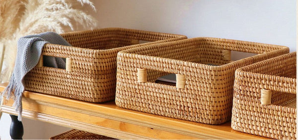 Woven Rattan Storage Baskets for Bedroom, Storage Basket for Shelves, Large Rectangular Storage Baskets for Clothes, Storage Baskets for Kitchen-Grace Painting Crafts