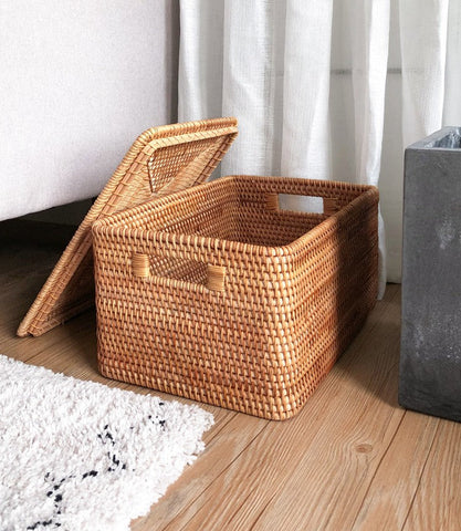 Extra Large Storage Baskets for Shelves, Wicker Rectangular Storage Baskets for Living Room, Rattan Storage Basket with Lid, Storage Baskets for Clothes-Grace Painting Crafts