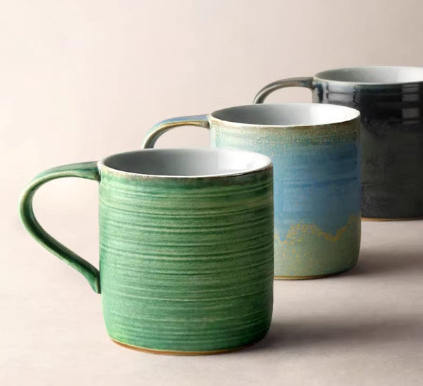 Blue Green Black Ceramic Coffee Mugs, Creative Handmade Coffee Mugs, Large Modern Handmade Pottery Coffee Cup, Large Capacity Coffee Mugs-Grace Painting Crafts