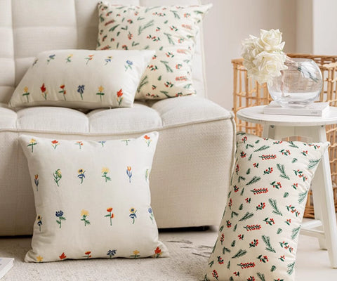 Decorative Pillows for Couch, Farmhouse Decorative Pillows for Sofa, Embroider Flower Cotton Pillow Covers, Spring Flower Decorative Pillows for Bedroom-Grace Painting Crafts