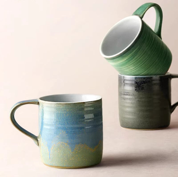 Blue Green Black Ceramic Coffee Mugs, Creative Handmade Coffee Mugs, Large Modern Handmade Pottery Coffee Cup, Large Capacity Coffee Mugs-Grace Painting Crafts