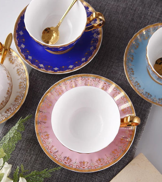 Unique British Tea Cup and Saucer in Gift Box, Pink Blue White Bone China Porcelain Tea Cup Set, Elegant British Ceramic Coffee Cups for Afternoon Tea-Grace Painting Crafts