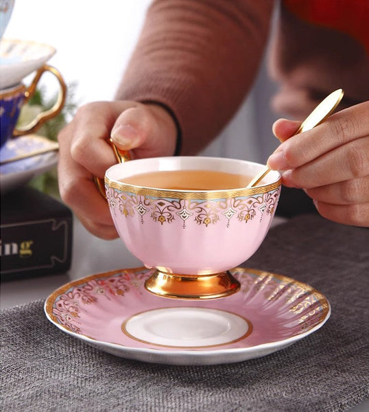 Unique British Tea Cup and Saucer in Gift Box, Pink Blue White Bone China Porcelain Tea Cup Set, Elegant British Ceramic Coffee Cups for Afternoon Tea-Grace Painting Crafts