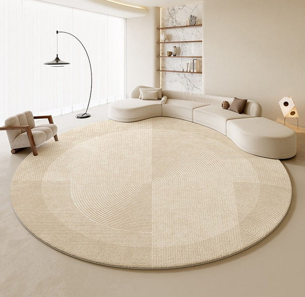 Large Modern Rugs in Living Room, Dining Room Modern Rugs, Cream Color Round Rugs under Coffee Table, Contemporary Circular Rugs in Bedroom-Grace Painting Crafts