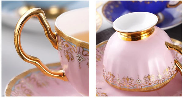 Unique British Tea Cup and Saucer in Gift Box, Pink Blue White Bone China Porcelain Tea Cup Set, Elegant British Ceramic Coffee Cups for Afternoon Tea-Grace Painting Crafts