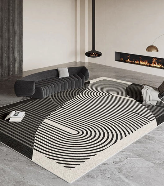 Geometric Contemporary Rugs Next to Bed, Black Stripe Contemporary Modern Rugs, Modern Rugs for Living Room, Modern Rugs for Dining Room-Grace Painting Crafts